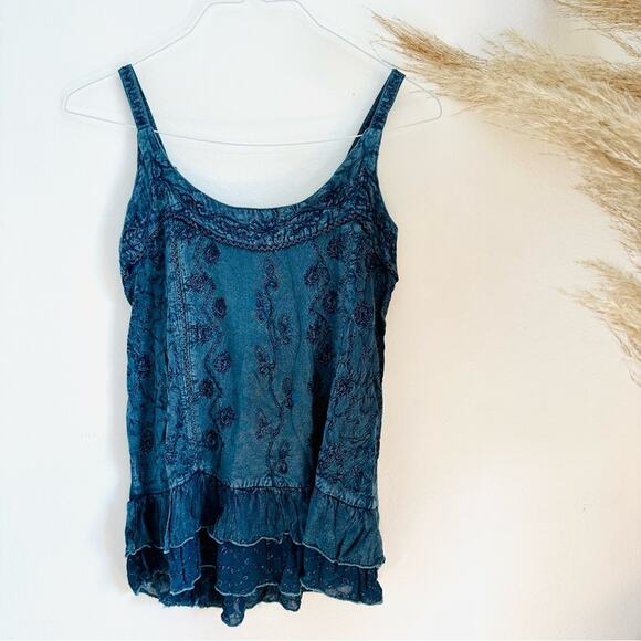 VINTAGE Cute Options Blue Denim Chambray Embroidered Ruffle Tank Top Blouse M - Picture 8 of 9